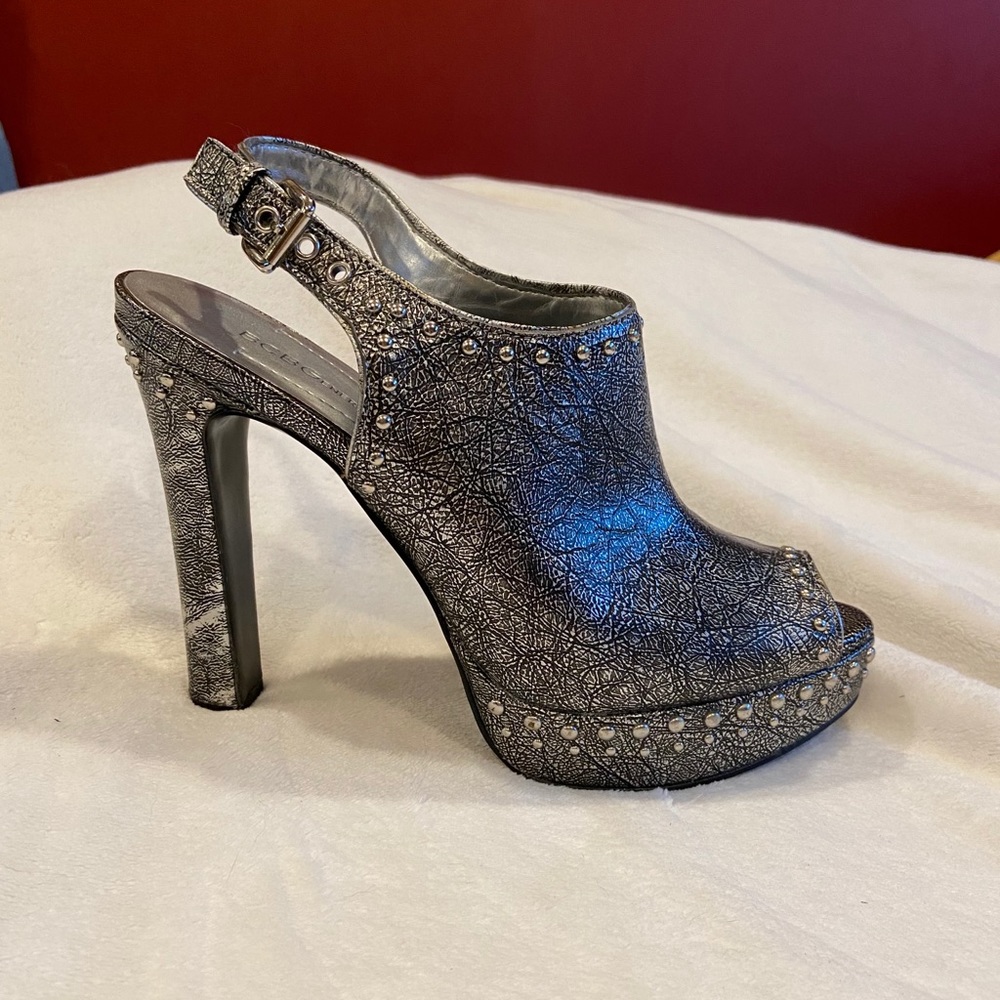 BCBGeneration Silver Studded Peep-toe Heels; Sz. 8